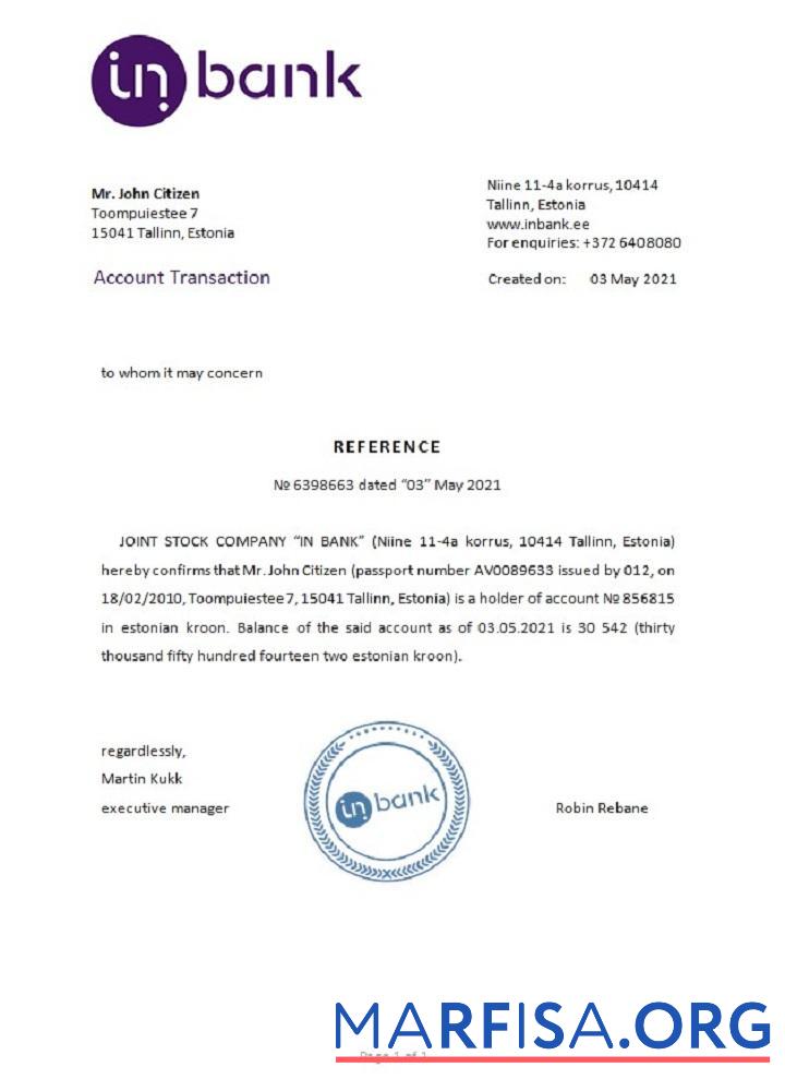 Printable Estonia Inbank reference download for verification